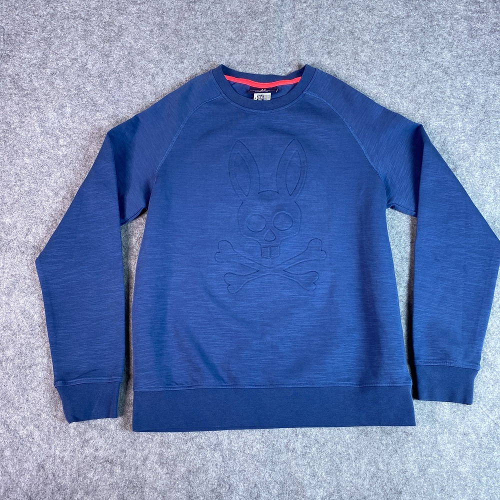 Psycho Bunny Sweater Mens Small Blue Pullover Crewneck Bunny Skull Logo Casual